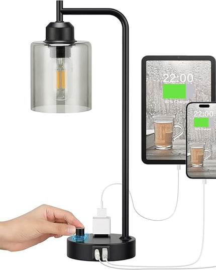 Industrial Bedside Desk Lamps for Bedroom - Grey Smoked Glass Shade Table Lamp with USB C Port, Fully Dimmable Small Lamps with USB Port and Outlet, Reading Nightstand Lamps for Office Living Room - LeafyLoom