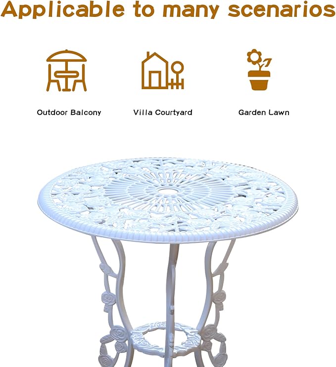 Patio Bistro Set.Rust-Resistant Cast Aluminum Bistro Table Set with Umbrella Hole for Backyard (Rose White) - LeafyLoom