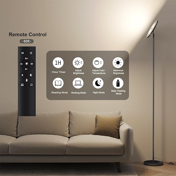 SUNMORY Floor Lamps for Living Room, 32W/3000LM Super Bright LED Floor Lamp with Remote Control, 69" Tall Standing Lamp with Stepless Dimmable, Modern Torchiere Corner Lamp for Bedroom, Office - LeafyLoom