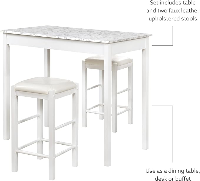 Linon White 3 Piece Faux Marble Tavern Set - LeafyLoom