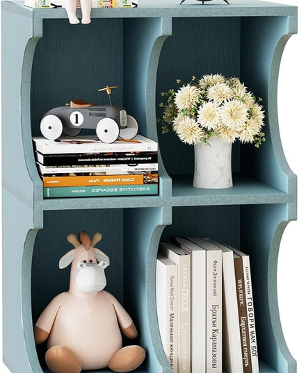 Bookcase 4 Cube Bookshelf,Blue Open Cube Small Book shelf Circle Arc Storage Shelf Display Cabinet Organizer,2 Tiers Modern Wooden Bookcase with Cubby Storage for Living Room,Bedroom,Office - LeafyLoom