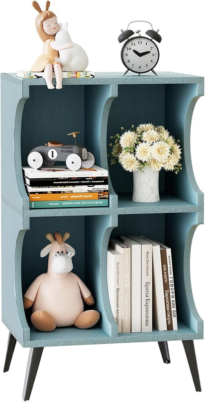 Bookcase 4 Cube Bookshelf,Blue Open Cube Small Book shelf Circle Arc Storage Shelf Display Cabinet Organizer,2 Tiers Modern Wooden Bookcase with Cubby Storage for Living Room,Bedroom,Office - LeafyLoom