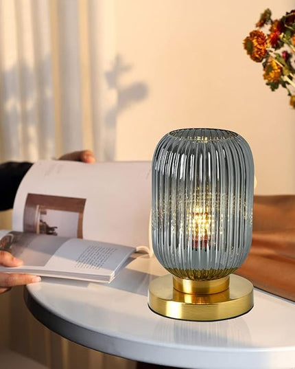 Bedside Table Lamp Mid Century Glass Table Lamps Modern Globe Table lamp Gold Desk lamp nightstand lamp with Pumpkin Design with Ribbed Glass Shade for Bedroom Living Room Office (Smoke gray) - LeafyLoom