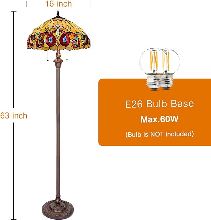 Capulina Tiffany Floor Lamp 2-Light 16x16x63 Inches Antique Victorian Cream Brown Style Stained Glass Industrial Dark Bronze Pole Standing Reading Light for Living Room Bedroom Home Office - LeafyLoom