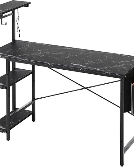 Bestier Gaming Desk with LED Lights, Computer Desk with 4 Tiers Reversible Shelves, 51.3 Inch Gamer Desk with Side Storage Bag, Hooks and Height Adjustable Shelf (Black Marble) - LeafyLoom