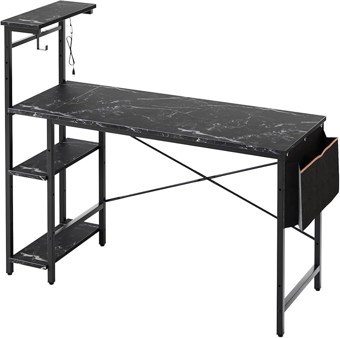 Bestier Gaming Desk with LED Lights, Computer Desk with 4 Tiers Reversible Shelves, 51.3 Inch Gamer Desk with Side Storage Bag, Hooks and Height Adjustable Shelf (Black Marble) - LeafyLoom