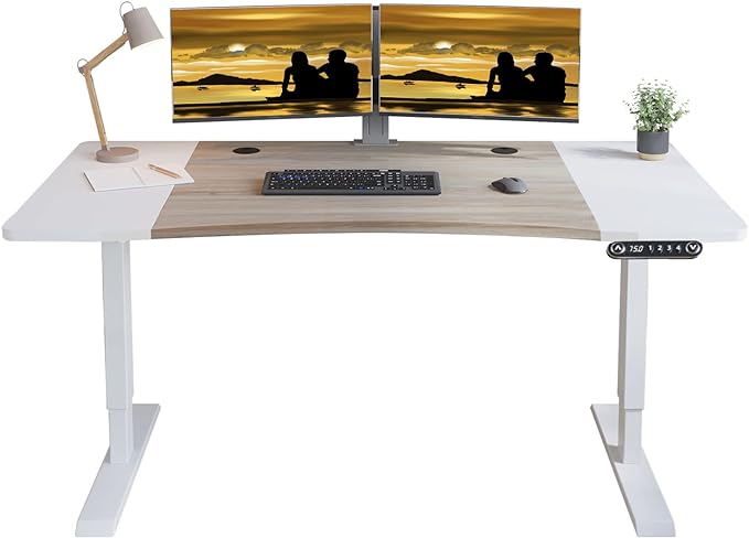 Dual Motor Electric Standing Desk - 63 x 30 Inch Adjustable Height Sit Stand Computer Desk with Splice Board, Stand Up Desk Table for Home Office, White Frame/Oak and White Top(with Radian) - LeafyLoom