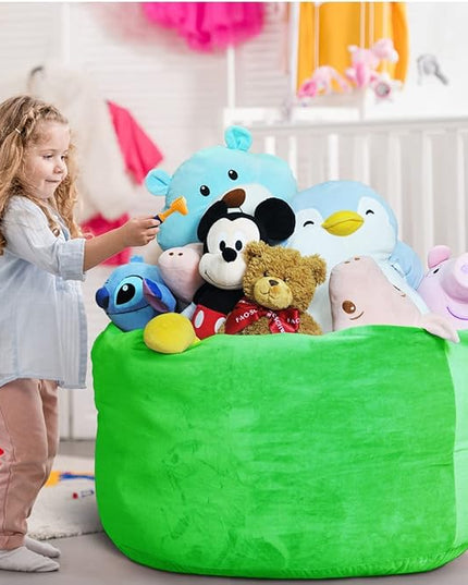 Bean Bag Chair Cover, Stuffed Animal Storage, Plush Toys Organizer Holder, Beanbag Chairs Cover for Kids Teans and Adults Super Soft and Comfortable Fabric X-Large with Handle and Zipper -Round Green - LeafyLoom