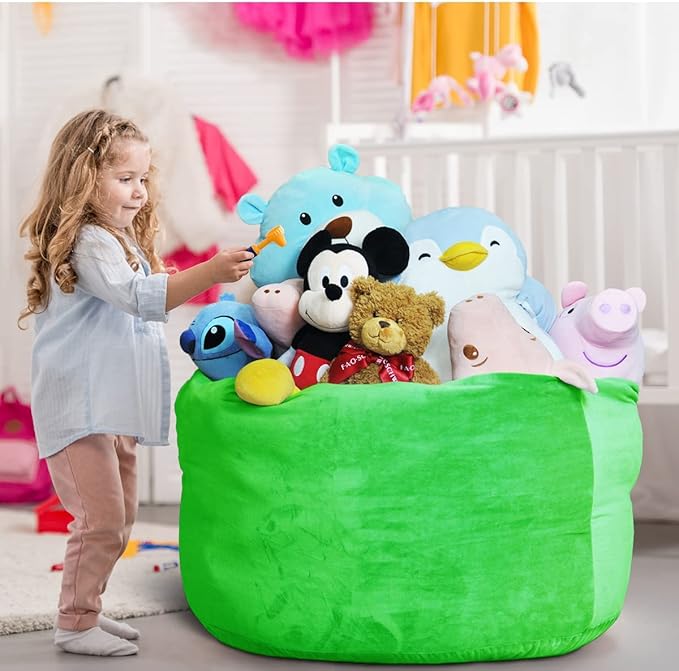 Bean Bag Chair Cover, Stuffed Animal Storage, Plush Toys Organizer Holder, Beanbag Chairs Cover for Kids Teans and Adults Super Soft and Comfortable Fabric X-Large with Handle and Zipper -Round Green - LeafyLoom