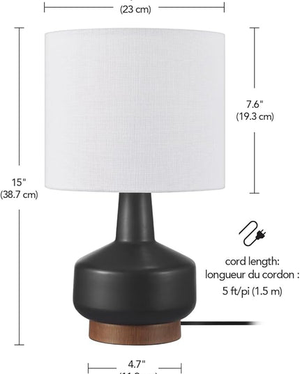 Globe Electric 61000046 15" Ceramic Table Lamp, Matte Black, Wood Toned Base, White Linen Shade, On/Off Rotary Switch on Socket, Living Room, Home Décor, Bedroom - LeafyLoom