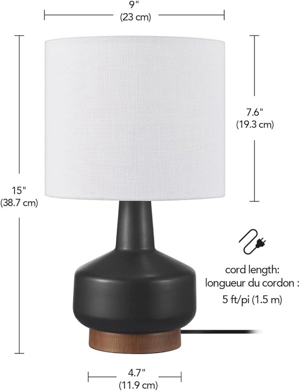 Globe Electric 61000046 15" Ceramic Table Lamp, Matte Black, Wood Toned Base, White Linen Shade, On/Off Rotary Switch on Socket, Living Room, Home Décor, Bedroom - LeafyLoom