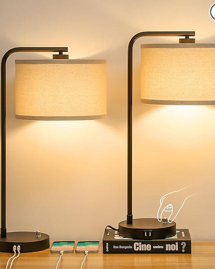 Table Lamps Set of 2, Fully Dimmable Bedside Lamp with Dual USB Charging Ports, Modern Nightstand Lamps with Linen Fabric Shades, Tall Desk Lamp for Bedroom, Living Room, Office, LED Bulb Included - LeafyLoom