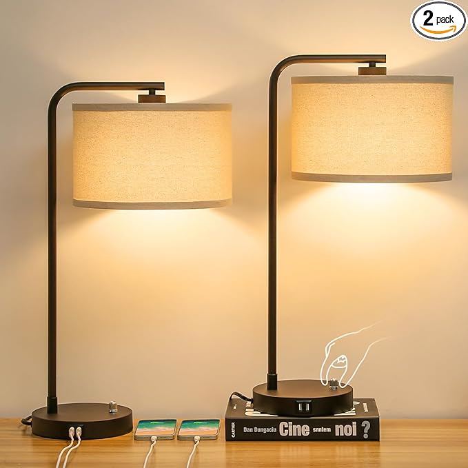Table Lamps Set of 2, Fully Dimmable Bedside Lamp with Dual USB Charging Ports, Modern Nightstand Lamps with Linen Fabric Shades, Tall Desk Lamp for Bedroom, Living Room, Office, LED Bulb Included - LeafyLoom