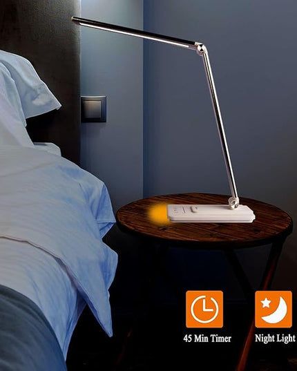 LED Desk Lamp, Stepless Dimmable Eye-Caring Lamps with Night Light USB Charging Port 5 Color Modes and 5 Brightness Levels, 30 min Auto Timer, Adjustable Lamps for Home Office Bedroom, White - LeafyLoom