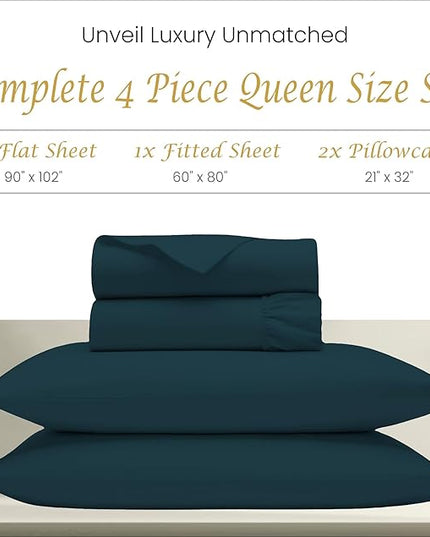 Bluemoon Homes Egyptian Cotton Sheets Queen Size Deep Pockets - 18" 100% Cotton Soft & Ultra Smooth Queen Sheets - 1000 Thread Count Breathable Sheets & Pillowcases Set - Teal Bedding Sets (4 Pc) - LeafyLoom