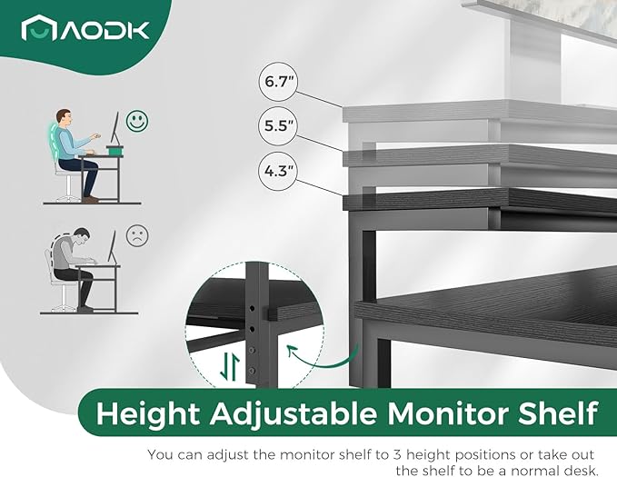 AODK Computer Desk, 48 Inch Gaming Desk with LED Lights and Power Outlet, Office Desk with Adjustable Monitor Shelf (3 Heights), Computer Table Work Desk for Home/Bedroom, Black - LeafyLoom