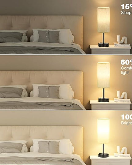 Light Beige Table Lamp for Nightstand - 3 Way Dimmable Bedside Lamp for Bedroom with USB C A Charging Ports and AC Outlet, Small Desk Lamp with Black Base for Living Room, Office, LED Bulb Included - LeafyLoom