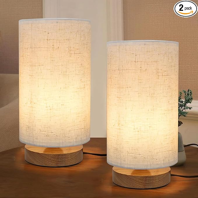 Table Lamps for Bedrooms Set of 2, Minimalist Bedside Lamps Set of 2 with Round Fabric Linen Shade,Reading Small Desk Lamp Set of 2 for Kids Room, Night Nightstand Lamp Set for Living Room, Office - LeafyLoom