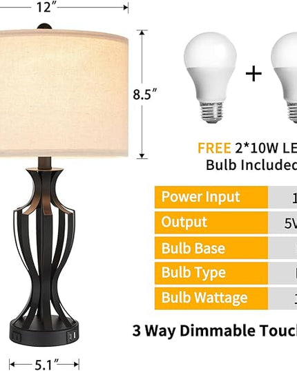 23.25'' Metal Table Lamp Set of 2 for Living Room, 3-Way Touch Control Black Iron Scroll Table Lamps with USB Ports and AC Outlets(Bulbs Included) - LeafyLoom