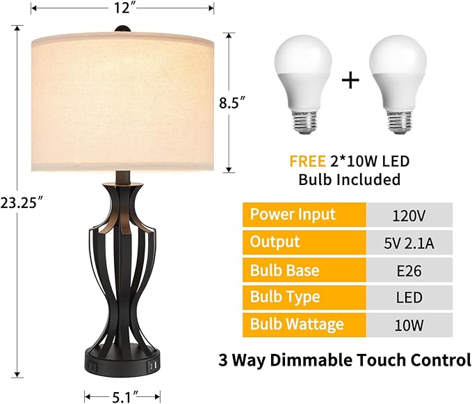 23.25'' Metal Table Lamp Set of 2 for Living Room, 3-Way Touch Control Black Iron Scroll Table Lamps with USB Ports and AC Outlets(Bulbs Included) - LeafyLoom