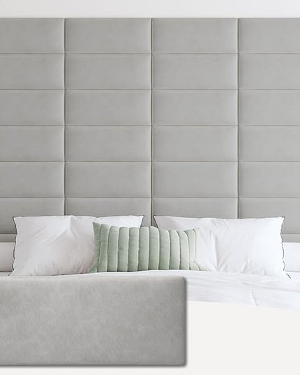 Wall Mounted Upholstered Headboard King, 3D Peel and Stick Soundproof Wall Panels, Reusable and Removable Padded Headboard Leather Bed Headboard, 12 Panels Headboard 9.84" x 23.62", Light Grey - LeafyLoom