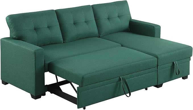 L Shape Sleeper Sofa Bed with Storage, Large Full Size Pull Out Sectional Couch, Futon Chaise Lounge Recliner for Living Room, Apartment, Bedroom, Office, Green - LeafyLoom