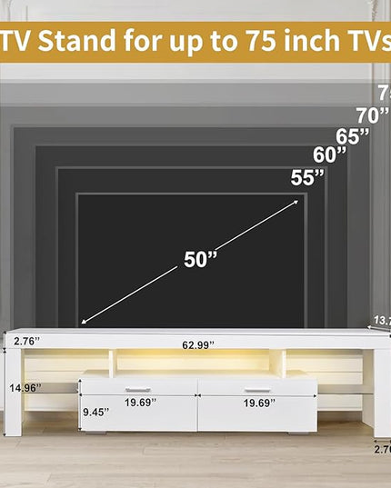 LED TV Stand for Televisions up to 65 inches, Entertainment Center and Media Console with Storage Drawers and Glass Shelves for Living Room, Bedroom - LeafyLoom