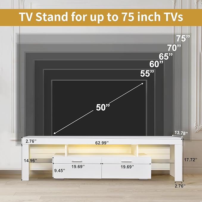 LED TV Stand for Televisions up to 65 inches, Entertainment Center and Media Console with Storage Drawers and Glass Shelves for Living Room, Bedroom - LeafyLoom