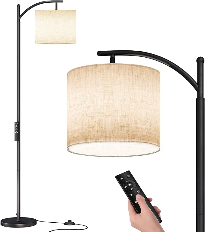 SUNMORY Arc Floor Lamp, Modern Floor Lamp with Romote Control and Stepless Dimmable Bulb, Metal Standing Lamps with Hanging Lampshade for Living Room, Bedroom, Office (Black) - LeafyLoom