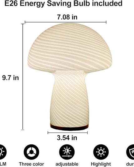 Mushroom Lamp,Glass Table Bedside Lamps,Translucent Vintage Style Striped Small Night Mushroom Decor Light for Ambient,Kids,Bedroom,Living,Gift (Stripe White) - LeafyLoom