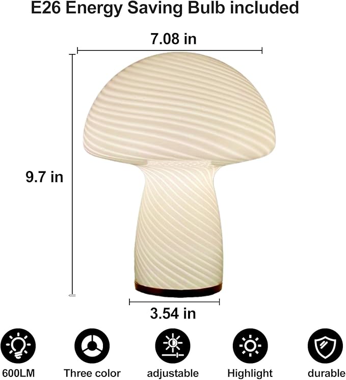 Mushroom Lamp,Glass Table Bedside Lamps,Translucent Vintage Style Striped Small Night Mushroom Decor Light for Ambient,Kids,Bedroom,Living,Gift (Stripe White) - LeafyLoom