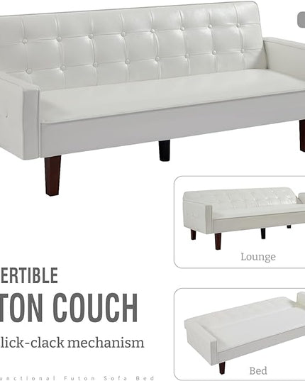 IULULU Futon Sofa Bed, Modern Convertible Faux Leather Sleeper Couch with Armrests for Studio, Office, Apartment, Compact Living, Game Room, Overnight Guests, Retro White - LeafyLoom