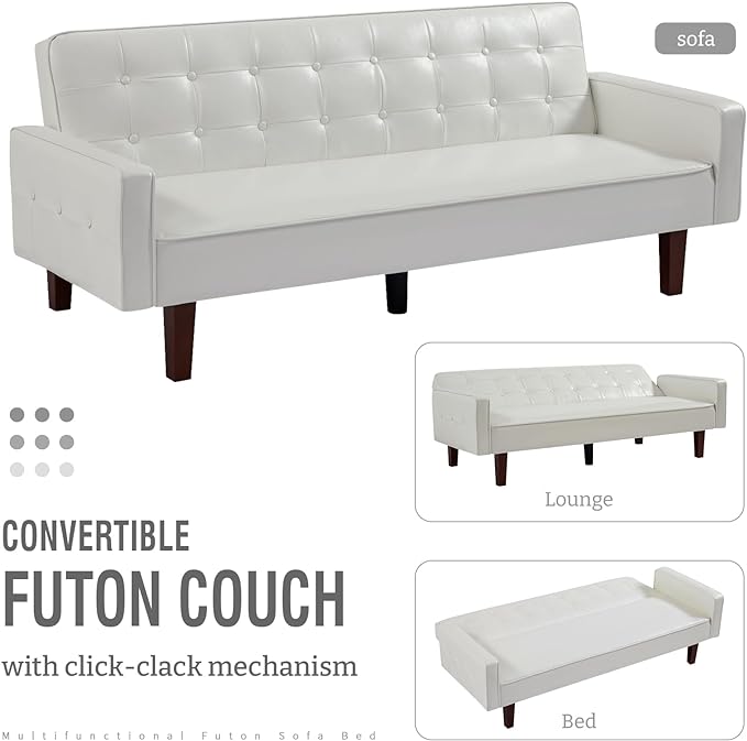 IULULU Futon Sofa Bed, Modern Convertible Faux Leather Sleeper Couch with Armrests for Studio, Office, Apartment, Compact Living, Game Room, Overnight Guests, Retro White - LeafyLoom