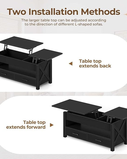 Seventable Coffee Table, 47.2" Lift Top Coffee Table with 2 Storage Drawers and Hidden Compartment, X Wood Farmhouse Support, Retro Center Table with Lift Tabletop for Living Room,Black - LeafyLoom