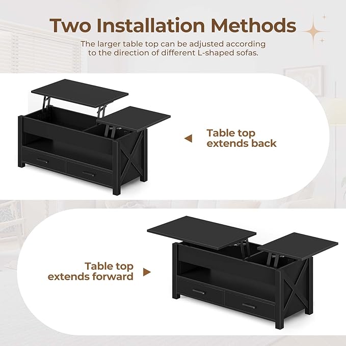 Seventable Coffee Table, 47.2" Lift Top Coffee Table with 2 Storage Drawers and Hidden Compartment, X Wood Farmhouse Support, Retro Center Table with Lift Tabletop for Living Room,Black - LeafyLoom
