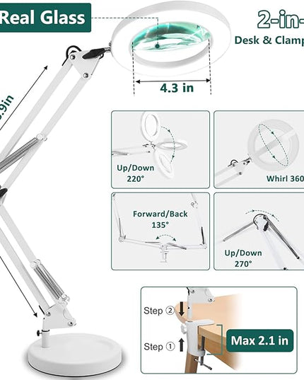Magnifying Glass with Lihgt and stand, Veemagni 8X Real Glass 2-in-1 Desk Lamp & Clamp, 3 Color Modes Stepless Dimmable, LED Lighted Magnifier with Light for Reading Crafts Repair Close Works - White - LeafyLoom