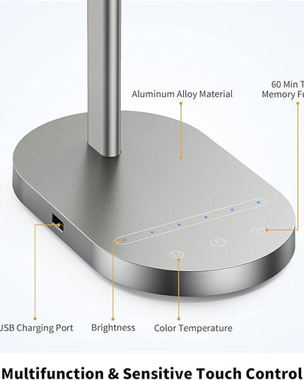 ProtoArc Modern Desk Lamp, Metal Aluminum Alloy Dimmable LED Desk Light with USB Charging Port, Eye-Caring Table Light, Touch Control, 5 Color Modes, 6 Brightness Levels, Timer for Home Office Bedroom - LeafyLoom