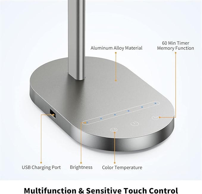 ProtoArc Modern Desk Lamp, Metal Aluminum Alloy Dimmable LED Desk Light with USB Charging Port, Eye-Caring Table Light, Touch Control, 5 Color Modes, 6 Brightness Levels, Timer for Home Office Bedroom - LeafyLoom