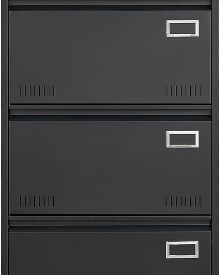 3 Drawer Lateral Lock and Card Holder, Multifunctional Metal Filing Cabinets w/Heavy 3 Section Slide Rail & Breathable Holes,for Legal/Letter/A4,Black - LeafyLoom