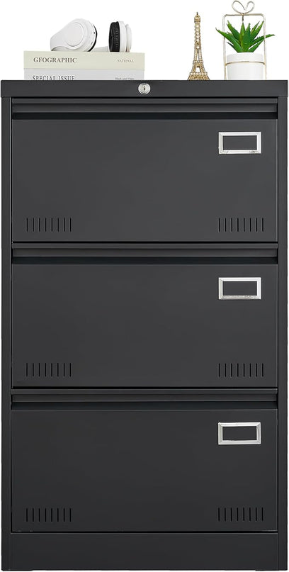 3 Drawer Lateral Lock and Card Holder, Multifunctional Metal Filing Cabinets w/Heavy 3 Section Slide Rail & Breathable Holes,for Legal/Letter/A4,Black - LeafyLoom