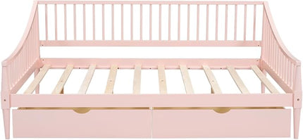 Full Size Daybed with Two Drawers,Solid Wood Storage Bed Frame W/Wooden Slat Support,Guide Rail Design on Three Sides,Easy to Assemble,for Bedroom Living Room,Pink - LeafyLoom