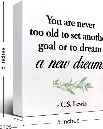 Inspirational Wood Box Sign Desk Decor,You are Never Too Old to Set Another Goal Wood Plaque Signs,Rustic Positive Wooden Block Sign for Home Office Shelf Desk Table Decoration C1064 - LeafyLoom