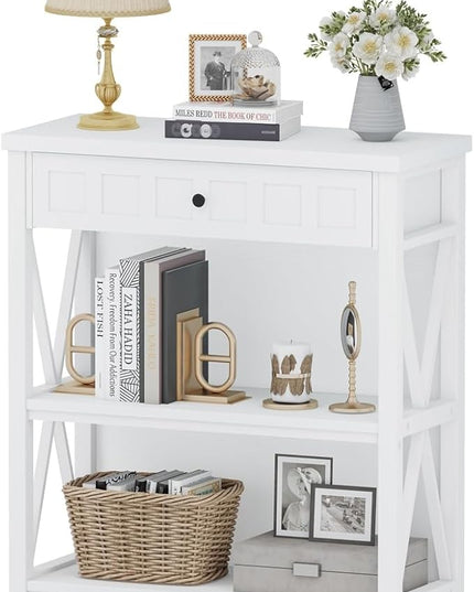 FATORRI Small Bookcase with Drawer, Wood and Metal Bookshelf for Small Space, Short Book Shelf and Low Book Case for Living Room (White Oak) - LeafyLoom