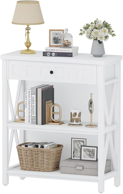 FATORRI Small Bookcase with Drawer, Wood and Metal Bookshelf for Small Space, Short Book Shelf and Low Book Case for Living Room (White Oak) - LeafyLoom