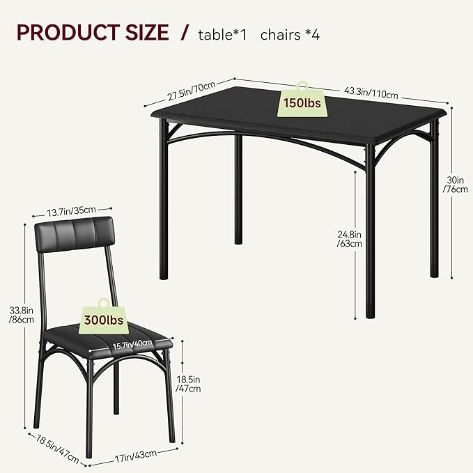 IDEALHOUSE Dining Table Set for 4, Kitchen Table and Chairs for 4, Rectangular Dining Room Table Set with 4 Upholstered Chairs, 5 Piece Kitchen Table Set for Small Space, Apartment, Retro Black - LeafyLoom