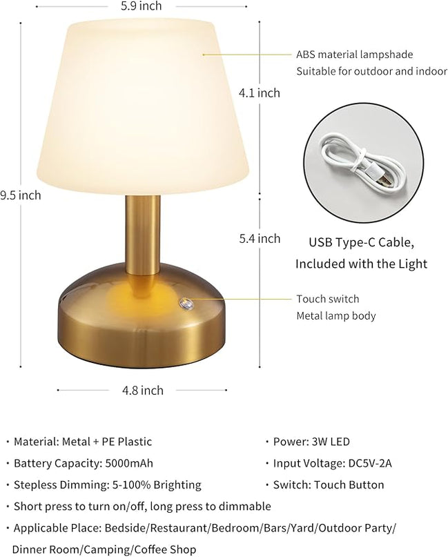 KDG Modern Cordless Small Table Lamps, Portable LED Dimmable Desk Lamp, 5000mAh Rechargeable Battery Operated Lighting for Restaurant, Bedroom, Bedside, Bar, Outdoor, Camping, Night Light(Gold) - LeafyLoom