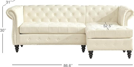 Tbfit L-Shape Sofa Couch with Chaise, Chesterfield Sofas with Nailhead Trim, Deep Button Tufted Sectional Couches for Living Room, Vintage Couches with Solid Wood Frame and Rolled Arms, Beige - LeafyLoom