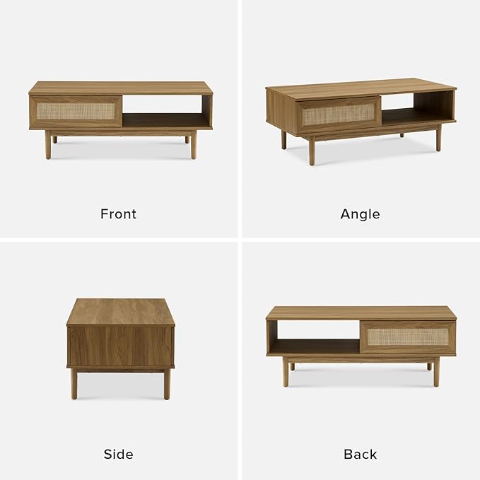 mopio Haylee Coffee Table, Modern Boho Farmhouse Small Coffee Table with Storage, Natural Rattan Living Room Tables, Center Table (Rattan (Oak) - LeafyLoom