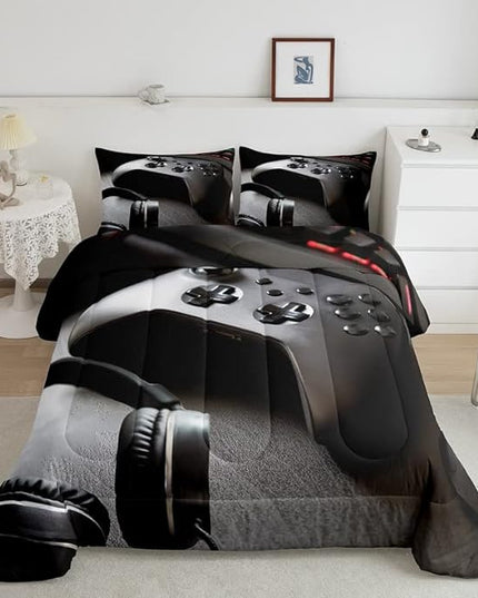 Gaming Bedding Set Boys Game Controller Comforter for Kids Girls Teens Modern Gamer Headset Comforter Set Youth Gaming Console Video Game Decor Duvet Set with 2 Pillow Case Full Size Black - LeafyLoom