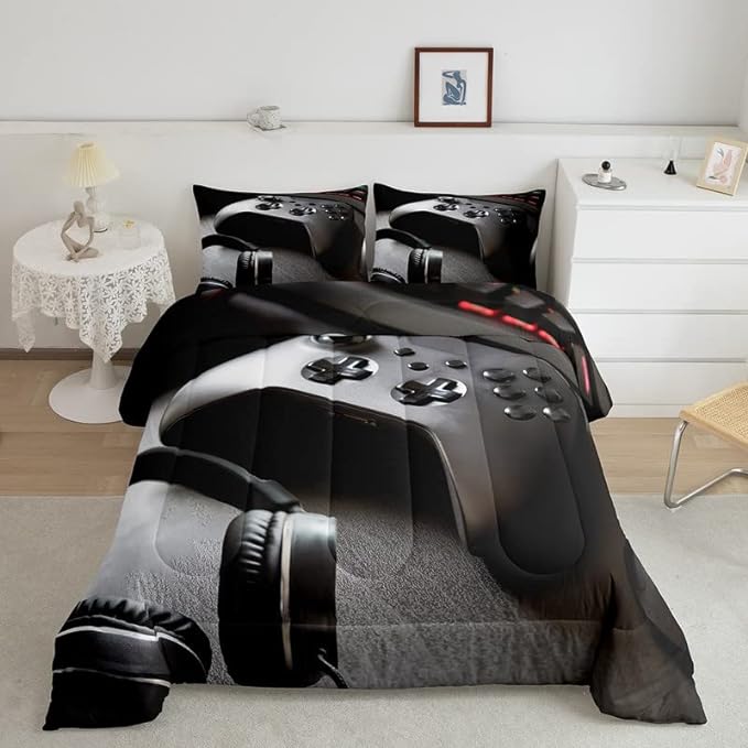 Feelyou Gaming Bedding Set Boys Game Controller Comforter for Kids Girls Teens Modern Gamer Headset Comforter Set Youth Gaming Console Video Game Decor Duvet Set with 2 Pillow Case King Size Black - LeafyLoom
